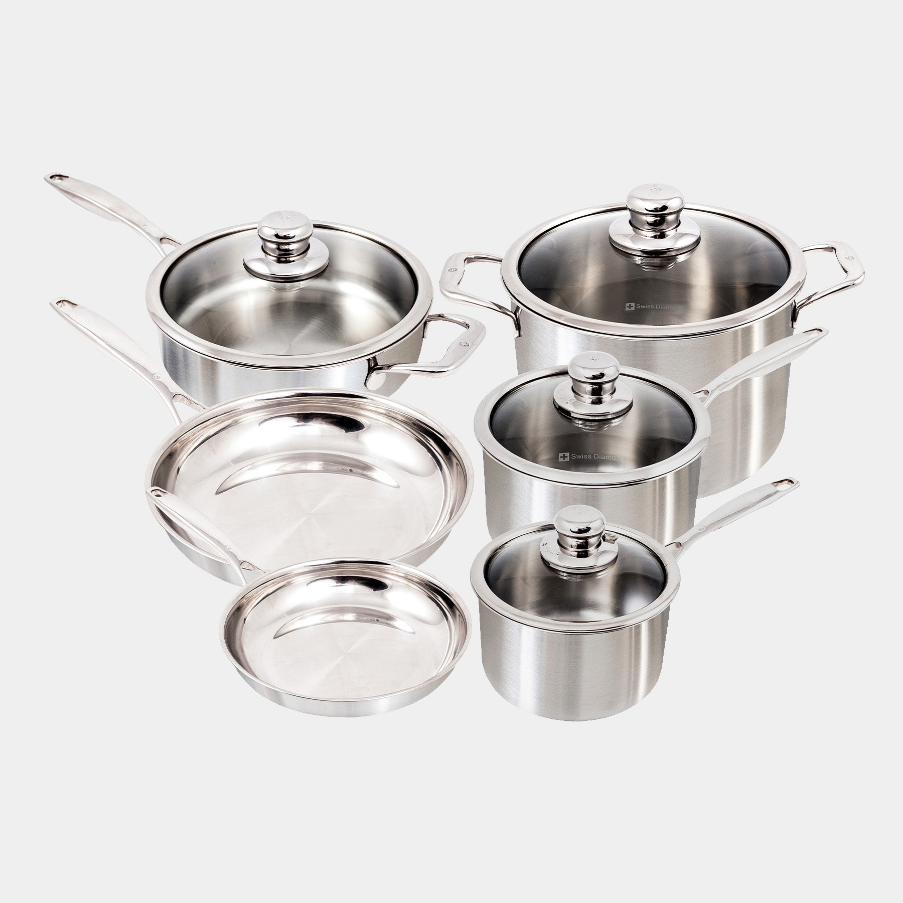 Premium Clad 10-Piece Stainless Steel Set. Includes Includes: Fry Pans, Saucepans, Saute Pan, Stock Pot