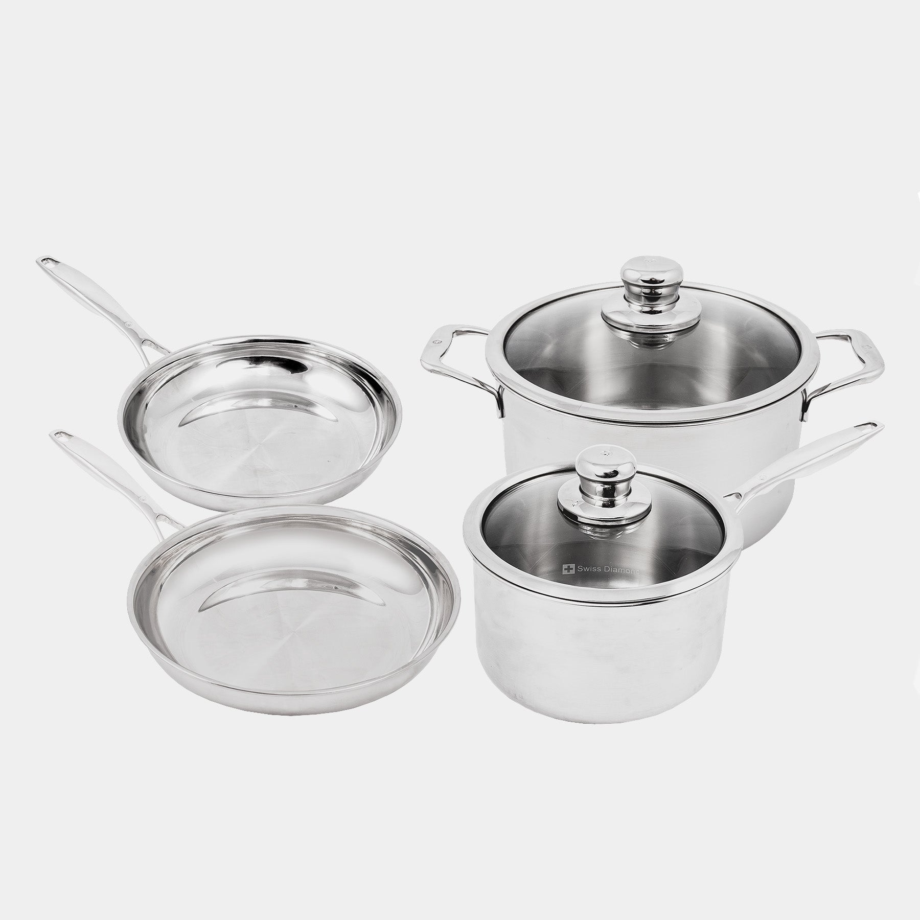 Premium Clad 6-Piece Stainless Steel Set. Includes: Fry Pans + Saucepan with Lid + Dutch Oven with Lid.