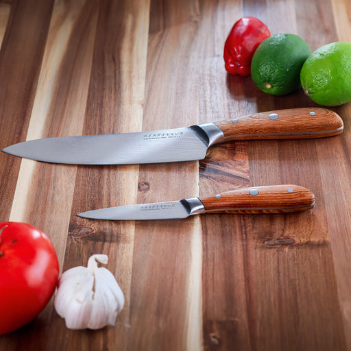 Damascus Chef Paring Set on wooden cutting board