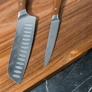 Damascus Santoku Paring Set on wooden cutting board