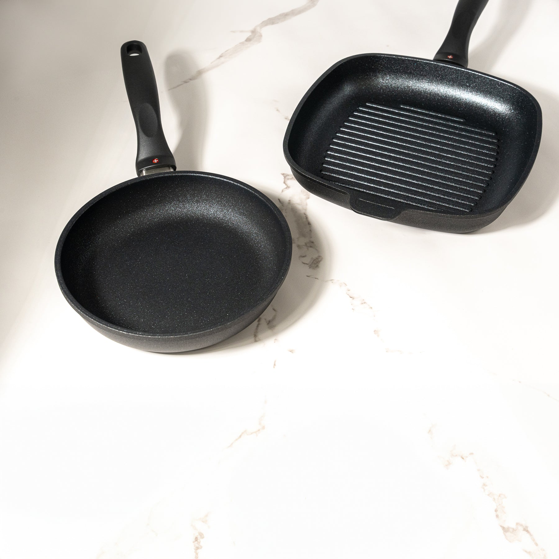 XD Nonstick 8" Fry Pan and 9.5"x 9.5" Grill Pan Set on kitchen counter