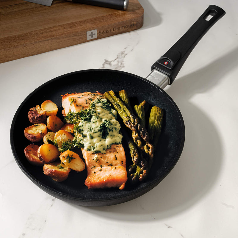 XD Nonstick 9.5" Fry Pan - Induction in use with food inside on kitchen counter