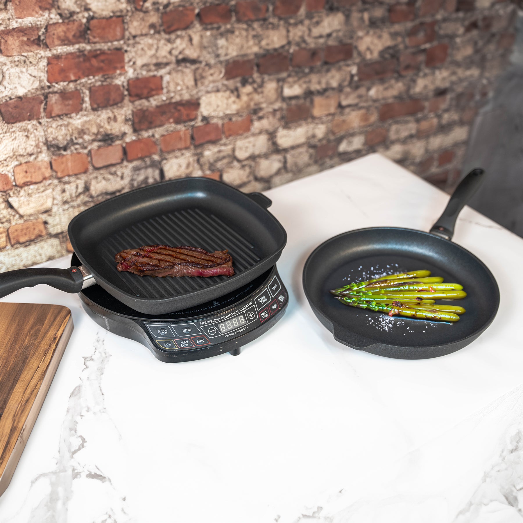XD Nonstick 2-Piece Set - Fry Pan & Grill Pan - Induction in use with food on pans