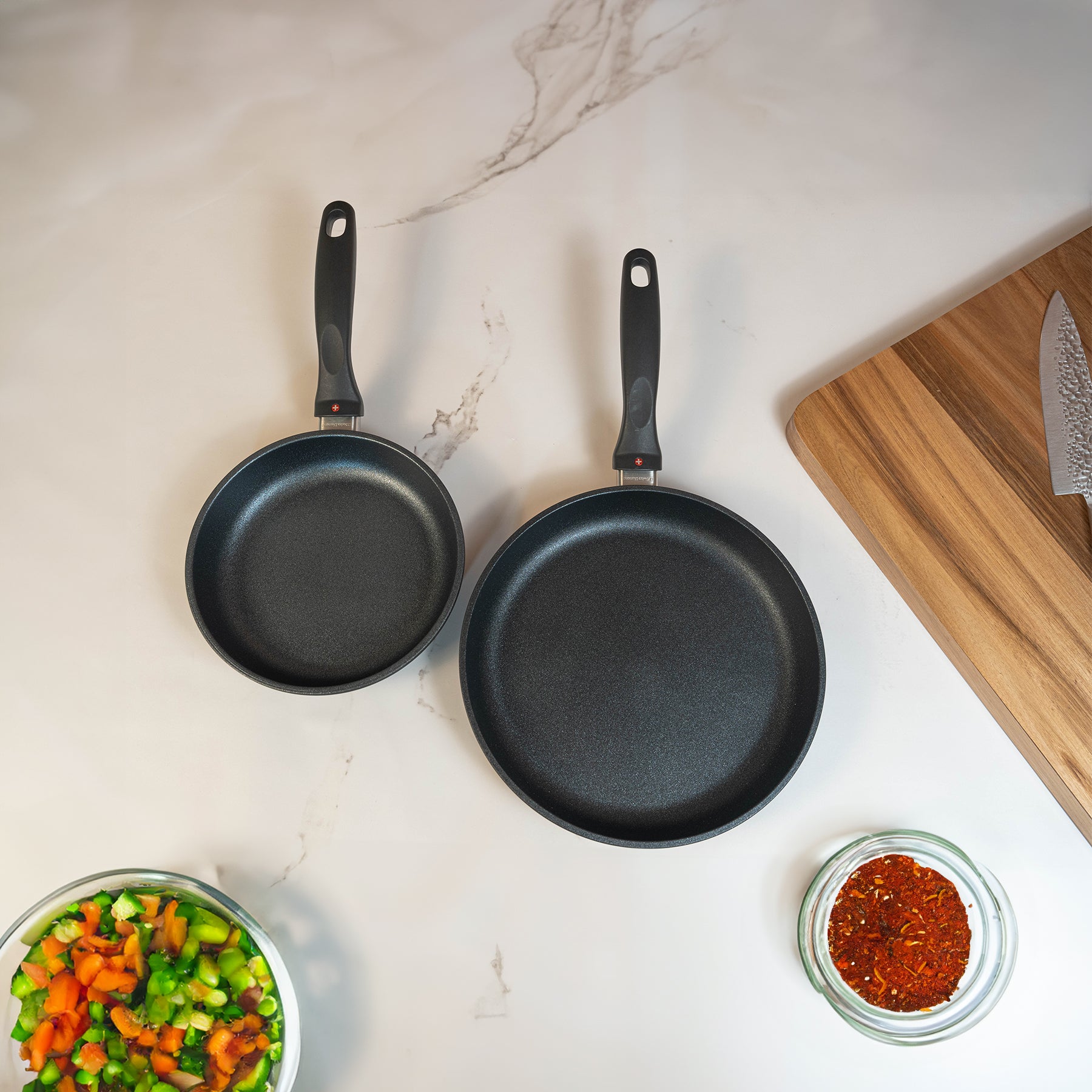 XD Nonstick 2-Piece Fry Pan Set - Induction in use on kitchen counter top view