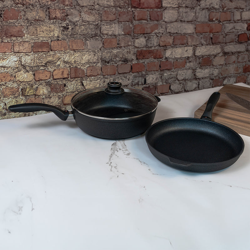 XD Nonstick 3-Piece Set - Fry Pan & Saute Pan side view on kitchen counter
